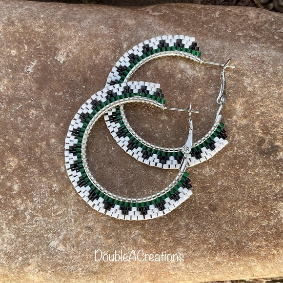 Green Navajo Basket Style 1 1/4” Beaded Hoops, New, Handmade by Me - Picture 6 of 7